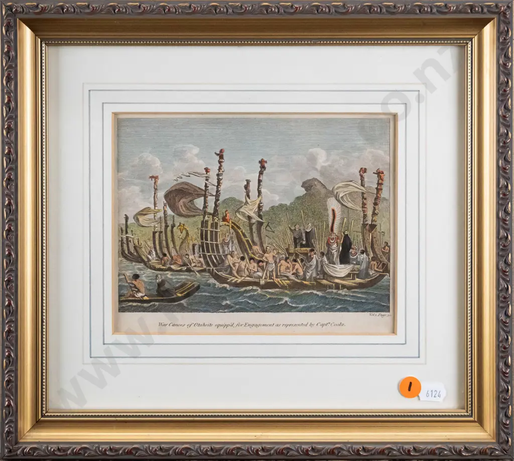 framed vintage hand coloured engraving - War Canoes140 W-170 Image 1++