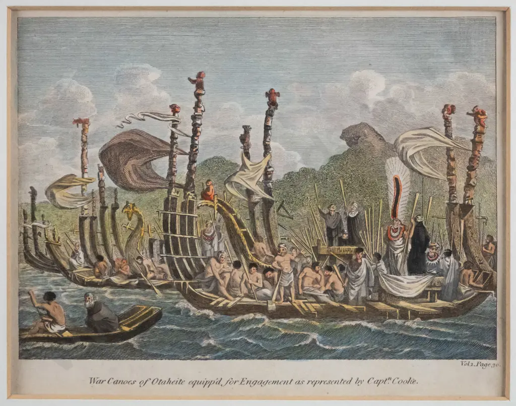 framed vintage hand coloured engraving - War Canoes140 W-170 Image 1++