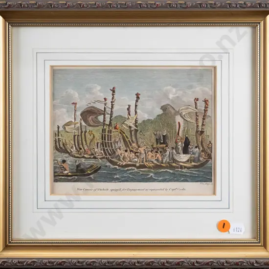 framed vintage hand coloured engraving - War Canoes140 W-170