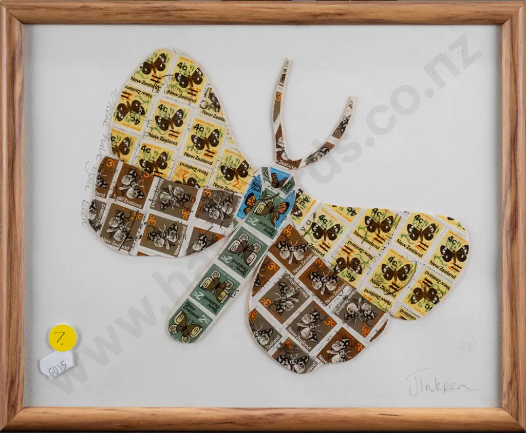 J. Inkpen - framed cut-out butterfly of New Zealand butterfly stamps - "Where Have You Been" - H220 W270 including frame Image 1++