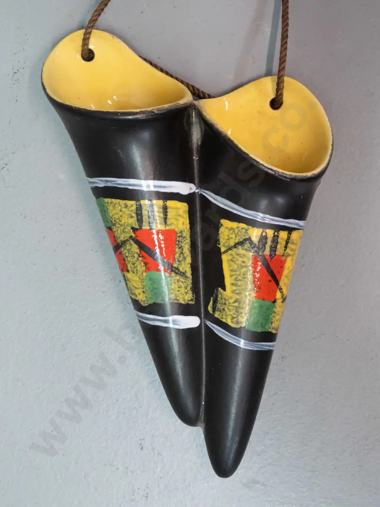 retro German pottery hand painted double-opening wall pocket vase - marked 617 H-170 W-100 Image 1++