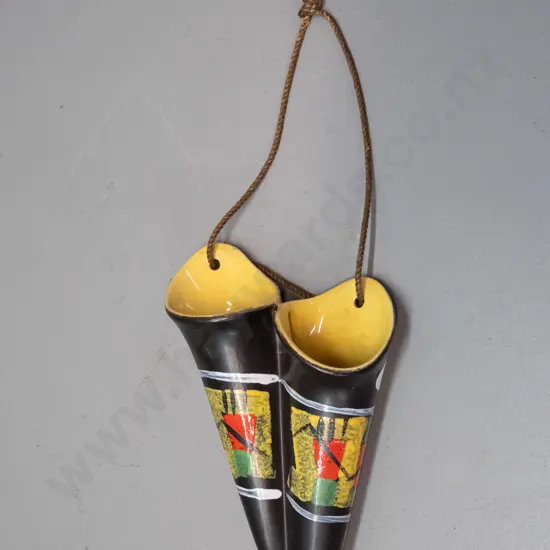 retro German pottery hand painted double-opening wall pocket vase - marked 617 H-170 W-100