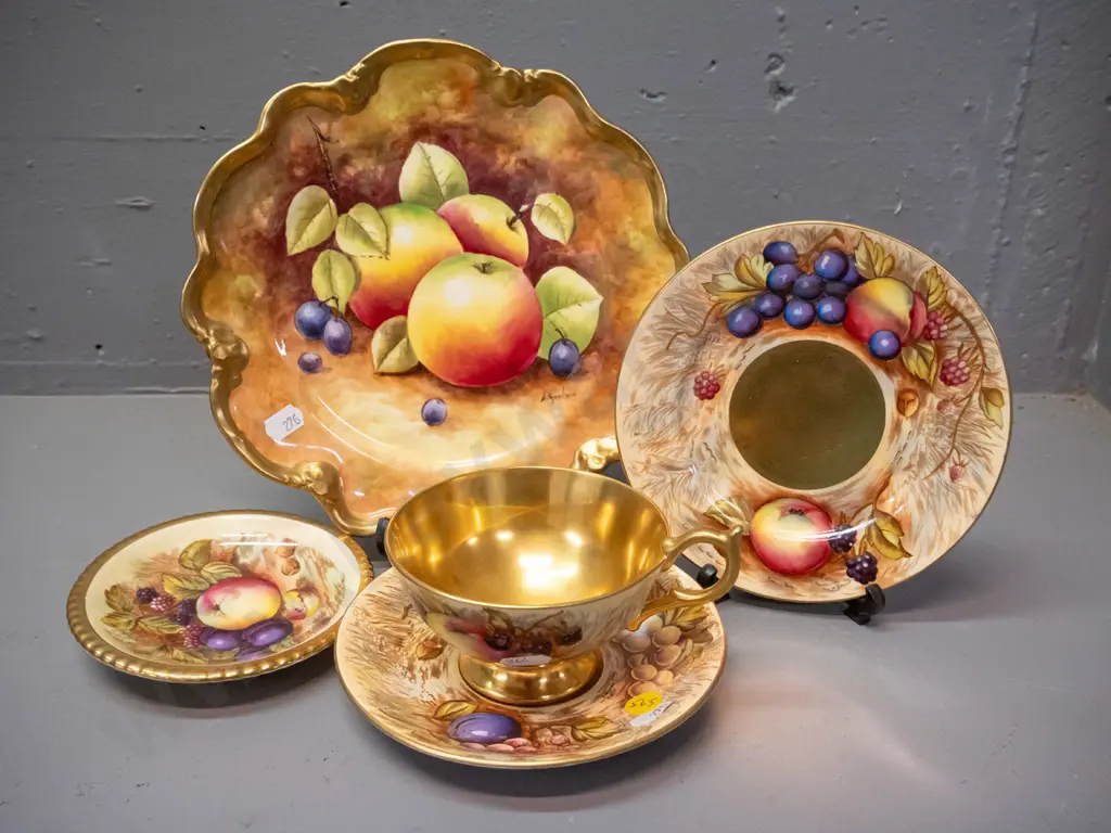 signed gilt & fruits pattern items - Aynsley trio and sweet dish and Coalport cabinet plate D-230 Image 1++