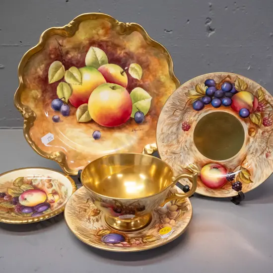 signed gilt & fruits pattern items - Aynsley trio and sweet dish and Coalport cabinet plate D-230