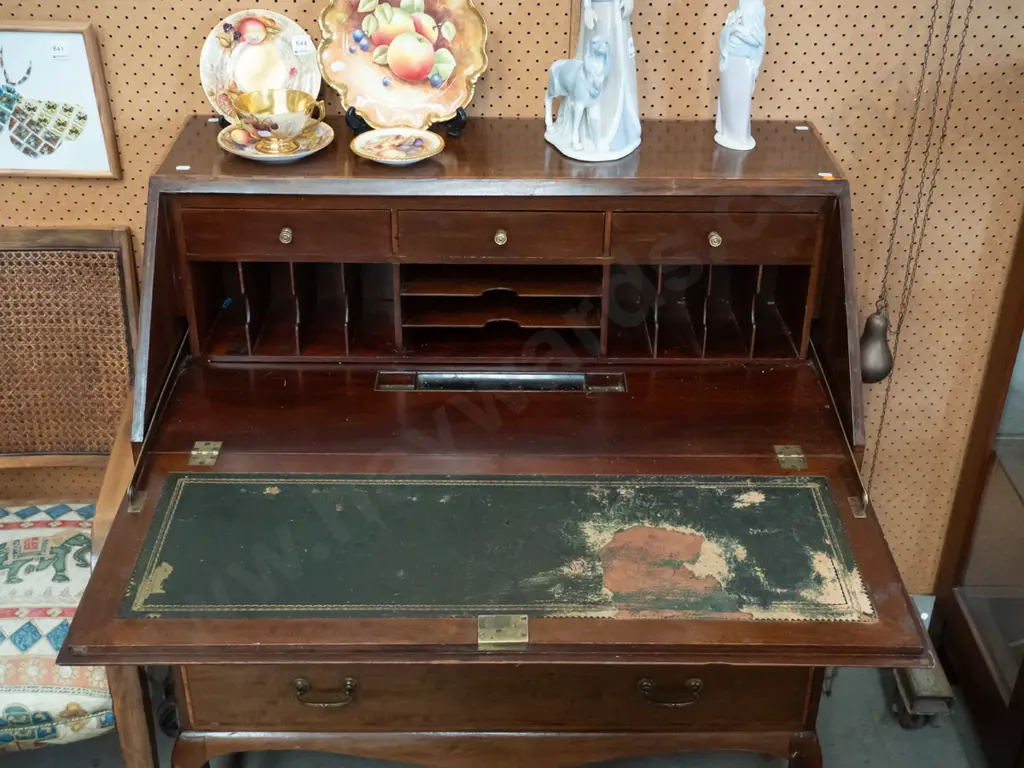 Edwardian mahogany Sheraton revival drop-front writing desk with boxwood stringing inlay on top & drawers, brass handles Image 1++