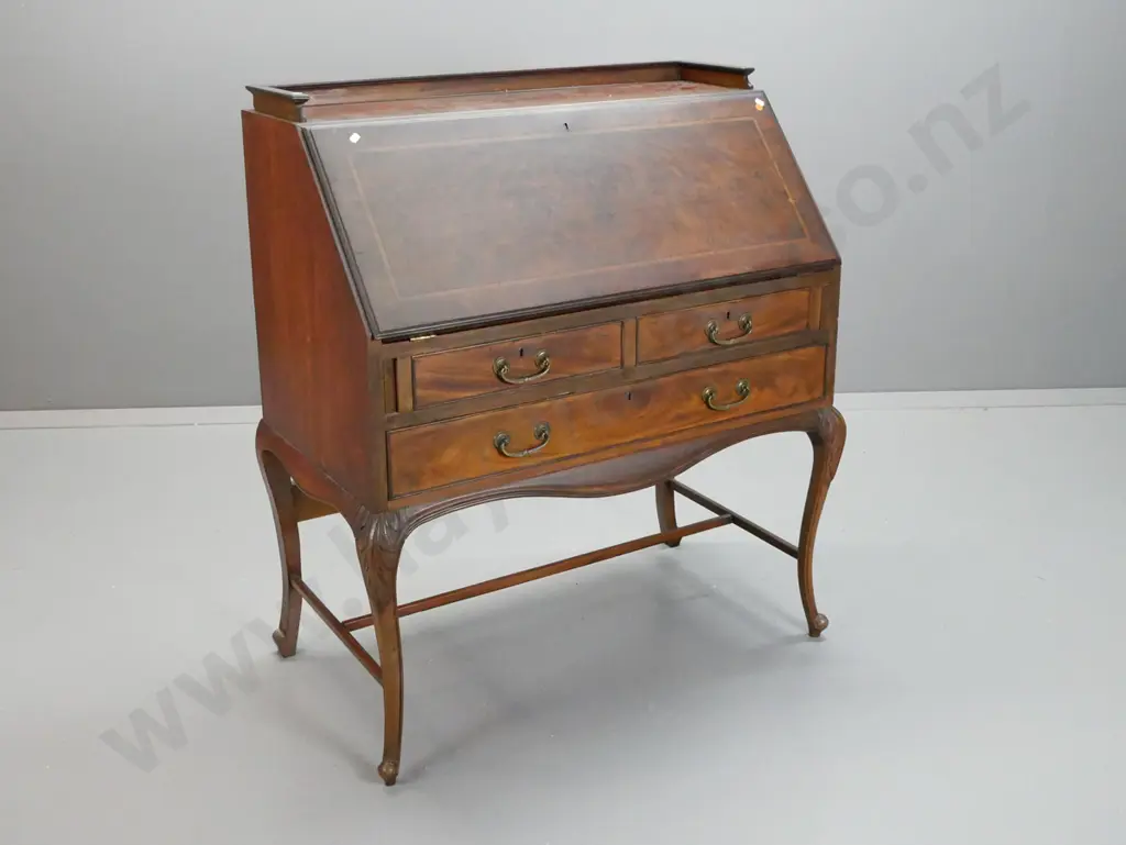 Edwardian mahogany Sheraton revival drop-front writing desk with boxwood stringing inlay on top & drawers, brass handles Image 1++