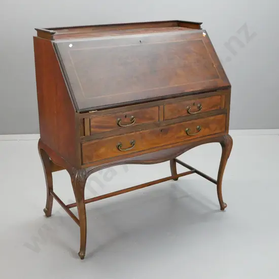 Edwardian mahogany Sheraton revival drop-front writing desk with boxwood stringing inlay on top & drawers, brass handles