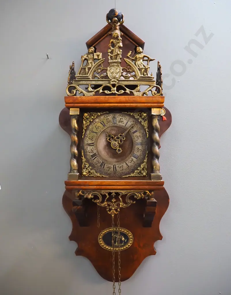 vintage JWA Wuba (John Warmink) Dutch wall clock with ormolu decoration, brass bell on top, heavy brass weights, glazed Image 1++