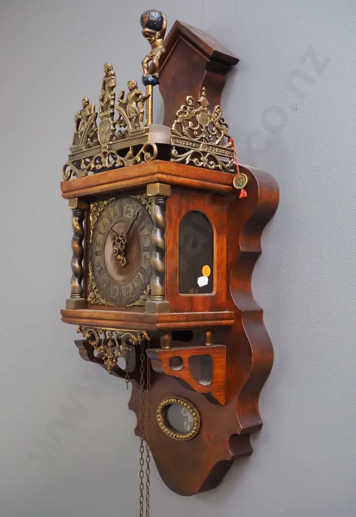 vintage JWA Wuba (John Warmink) Dutch wall clock with ormolu decoration, brass bell on top, heavy brass weights, glazed Image 1++