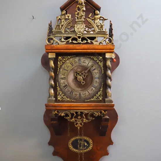 vintage JWA Wuba (John Warmink) Dutch wall clock with ormolu decoration, brass bell on top, heavy brass weights, glazed