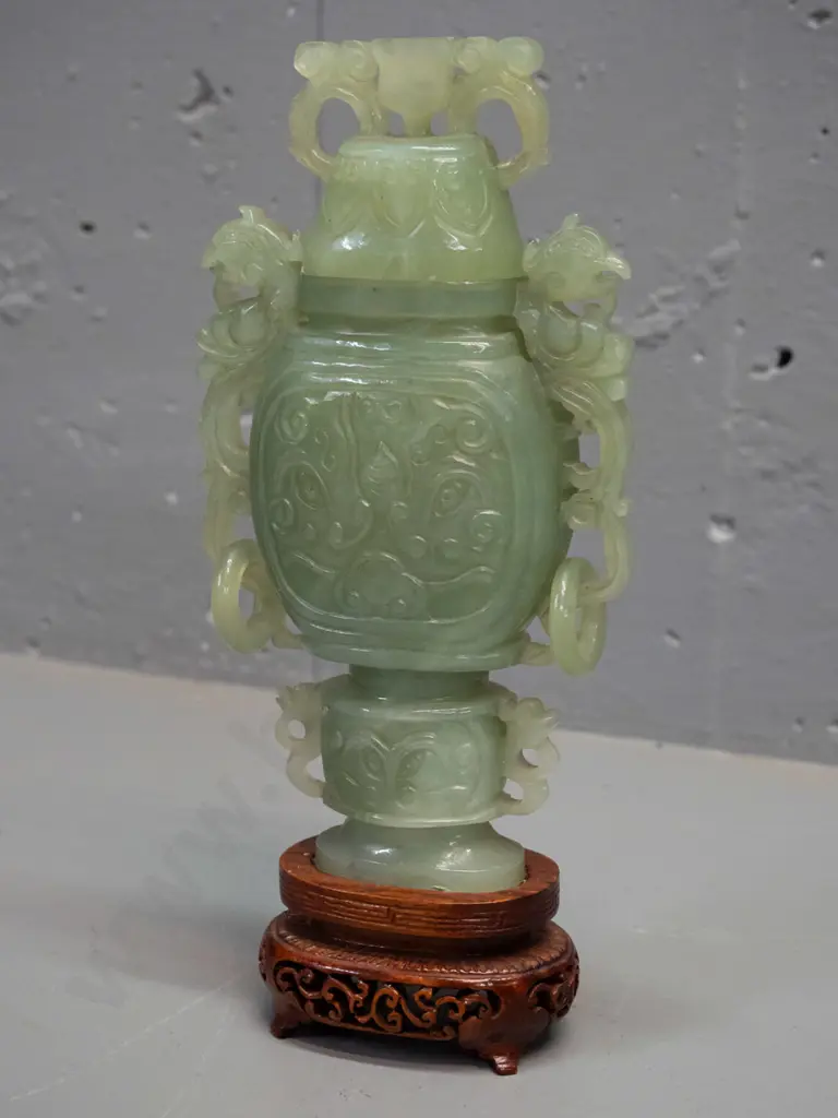 green Chinese jade small lidded urn with ring handles, on carved wooden stand H-230 D-100 Image 1++