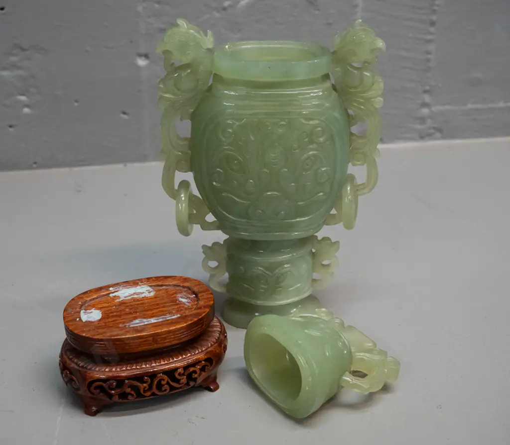 green Chinese jade small lidded urn with ring handles, on carved wooden stand H-230 D-100 Image 1++