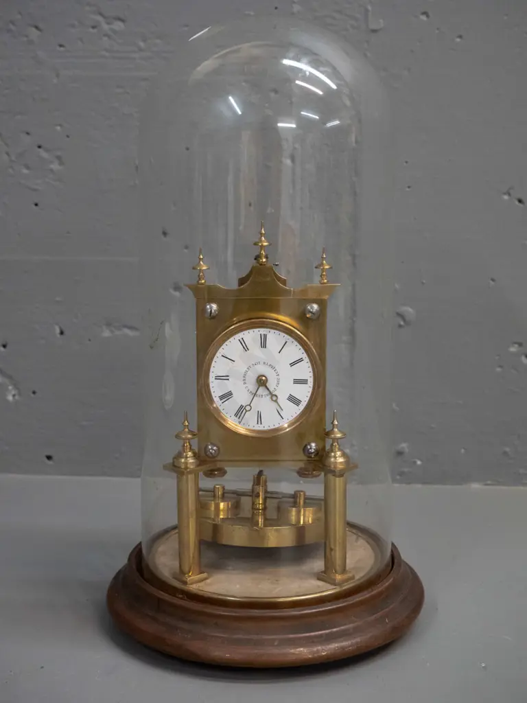 vintage American brass and glass dome clock with velvet lined timber base H-340 Base D-170 GOING Image 1++