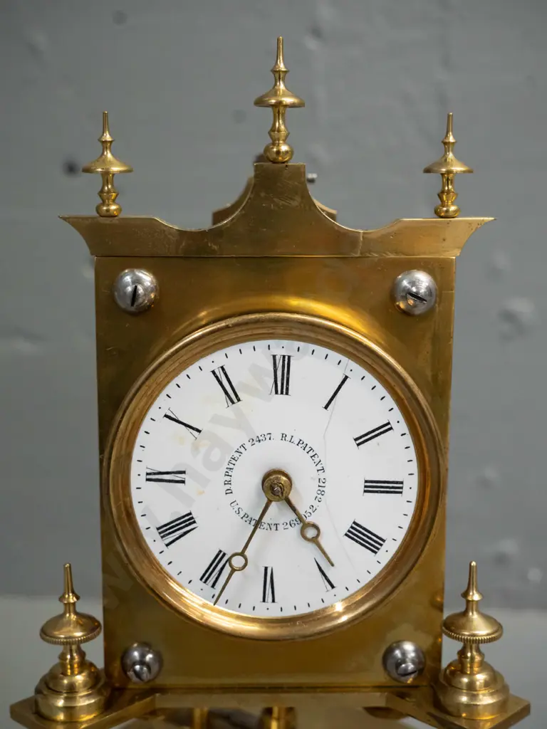 vintage American brass and glass dome clock with velvet lined timber base H-340 Base D-170 GOING Image 1++