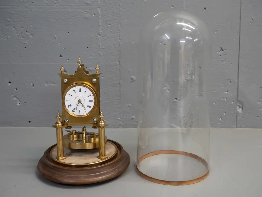 vintage American brass and glass dome clock with velvet lined timber base H-340 Base D-170 GOING Image 1++