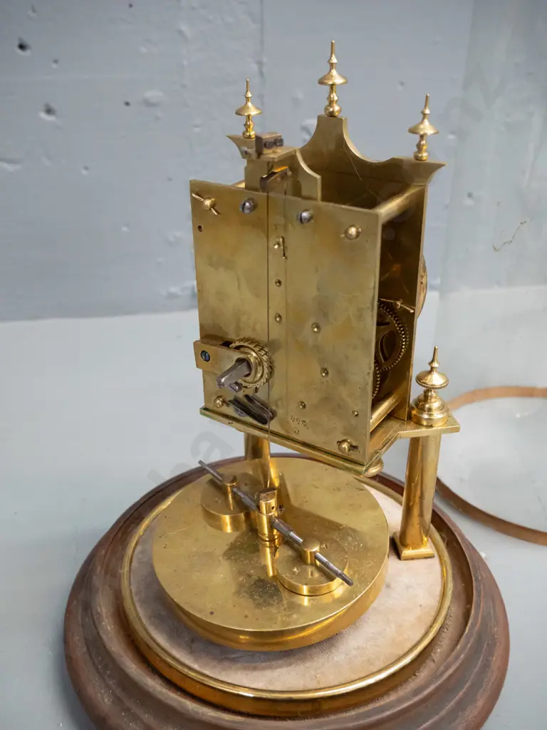 vintage American brass and glass dome clock with velvet lined timber base H-340 Base D-170 GOING Image 1++
