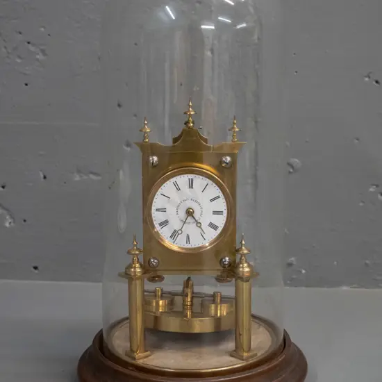 vintage American brass and glass dome clock with velvet lined timber base H-340 Base D-170 GOING