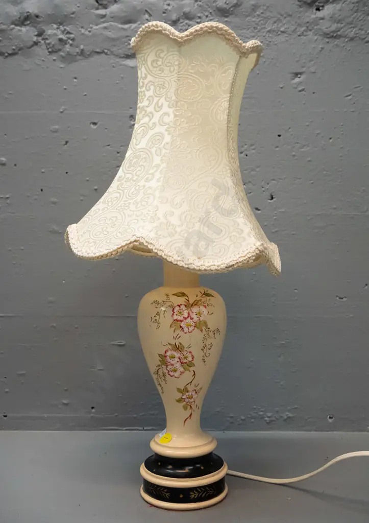 small hand painted composite blossom pattern table lamp with waisted shade. W/Gaylite Auckland label H-480 Shade D-230 Image 1++