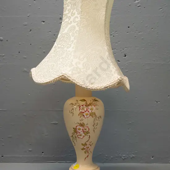 small hand painted composite blossom pattern table lamp with waisted shade. W/Gaylite Auckland label H-480 Shade D-230