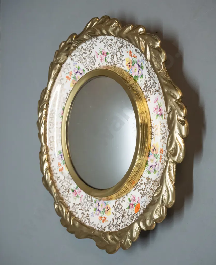 convex wall mirror in British Anchor porcelain and cast brass floral pattern frame D-350 Image 1++