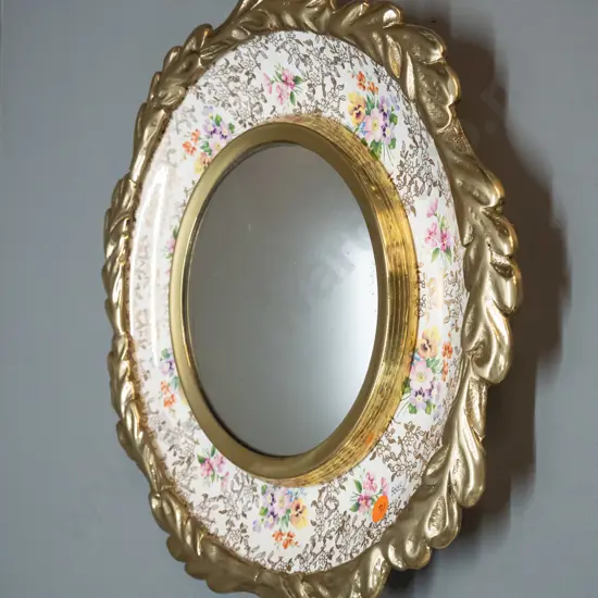 convex wall mirror in British Anchor porcelain and cast brass floral pattern frame D-350