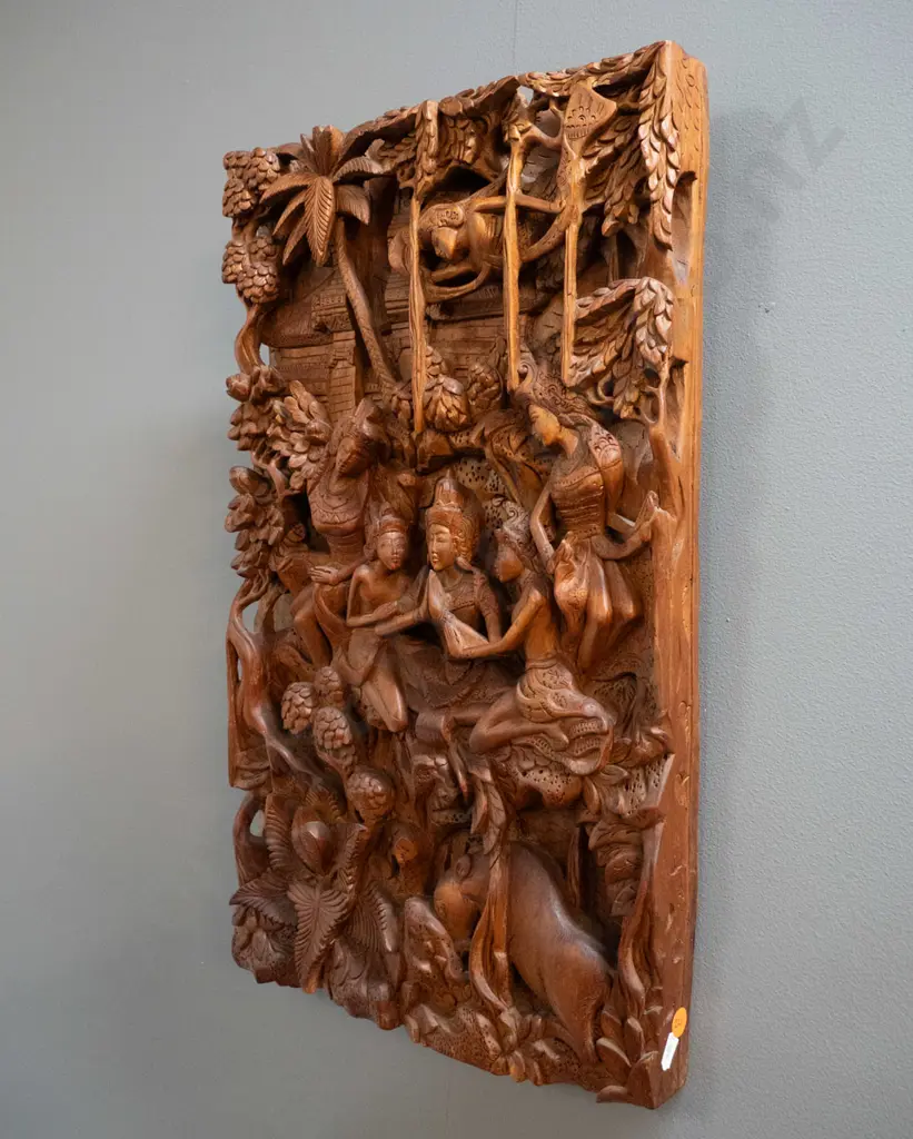 Balinese high relief carved timber wall plaque H-500 W-290 Image 1++