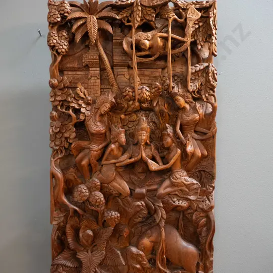 Balinese high relief carved timber wall plaque H-500 W-290