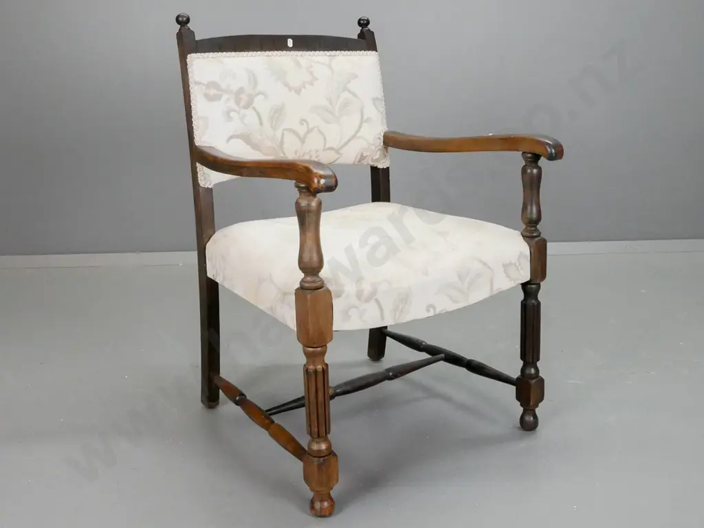 vintage mixed timber open-armed fireside chair - loose joints, wear and fading to upholstery H825 W540 D530 Image 1++
