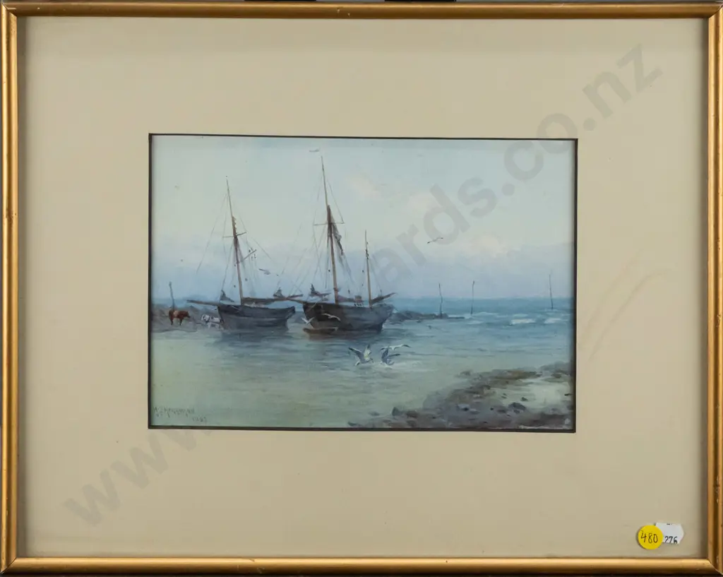 HZ Herrmann 1893 - framed watercolour - sailing boats (very light foxing) H-170 W-240 Image 1++