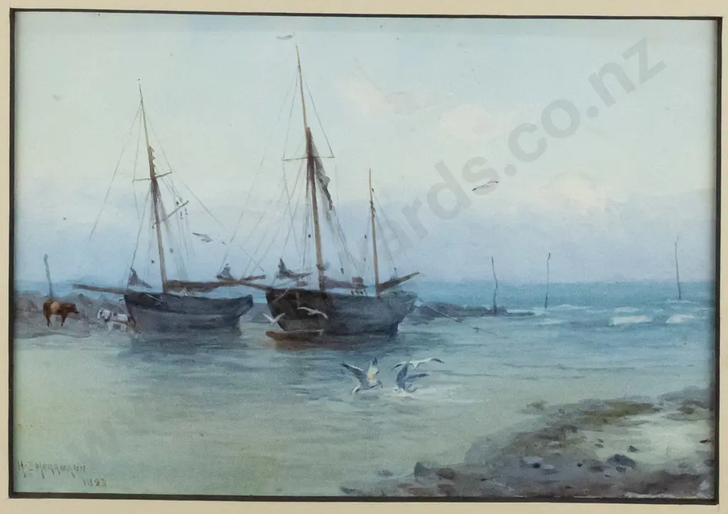 HZ Herrmann 1893 - framed watercolour - sailing boats (very light foxing) H-170 W-240 Image 1++