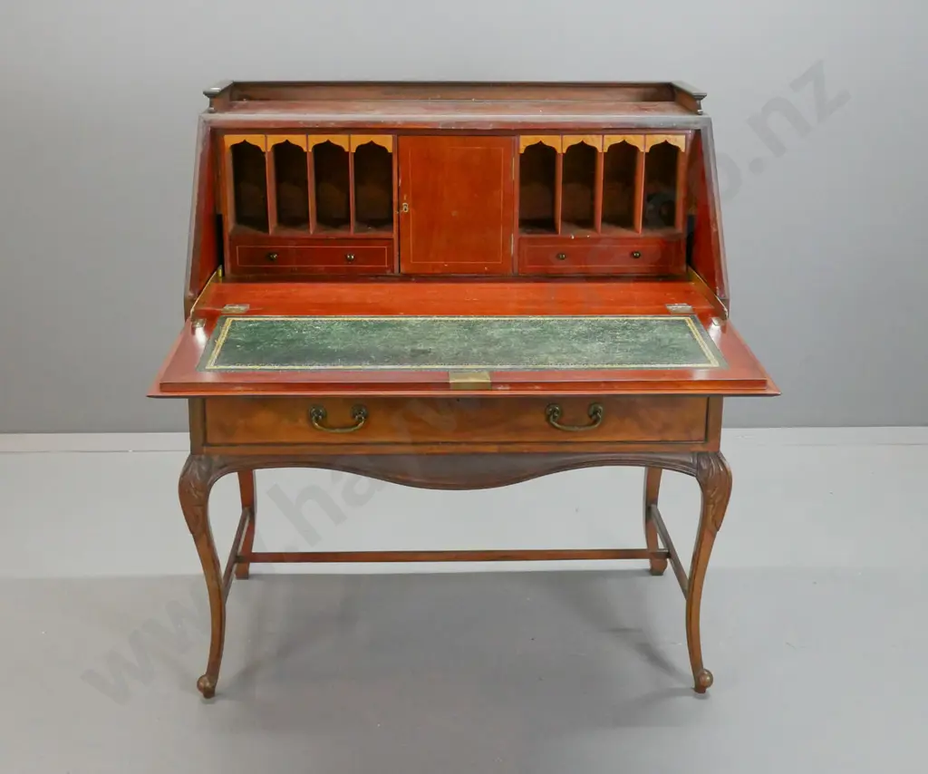 vintage mahogany drop front writing desk with top gallery, boxwood stringing, flame mahogany veneer, green tooled Image 1++