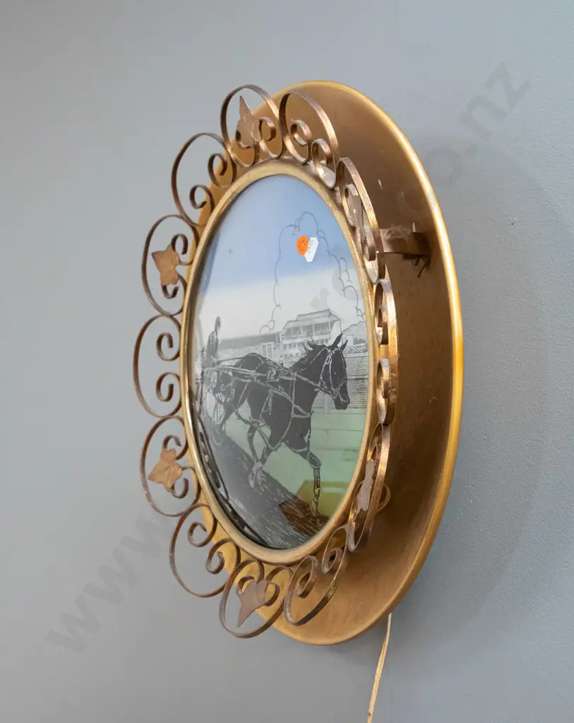 retro brass finish metal and convex glass wall light with horse trotting scene - going D-440 Image 1++