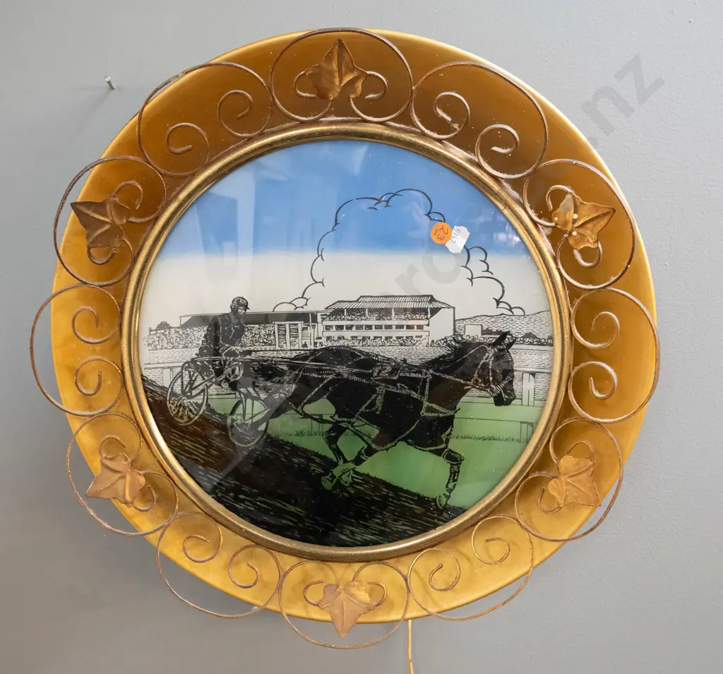 retro brass finish metal and convex glass wall light with horse trotting scene - going D-440 Image 1++