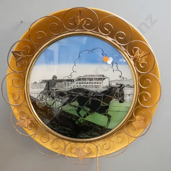 retro brass finish metal and convex glass wall light with horse trotting scene - going D-440