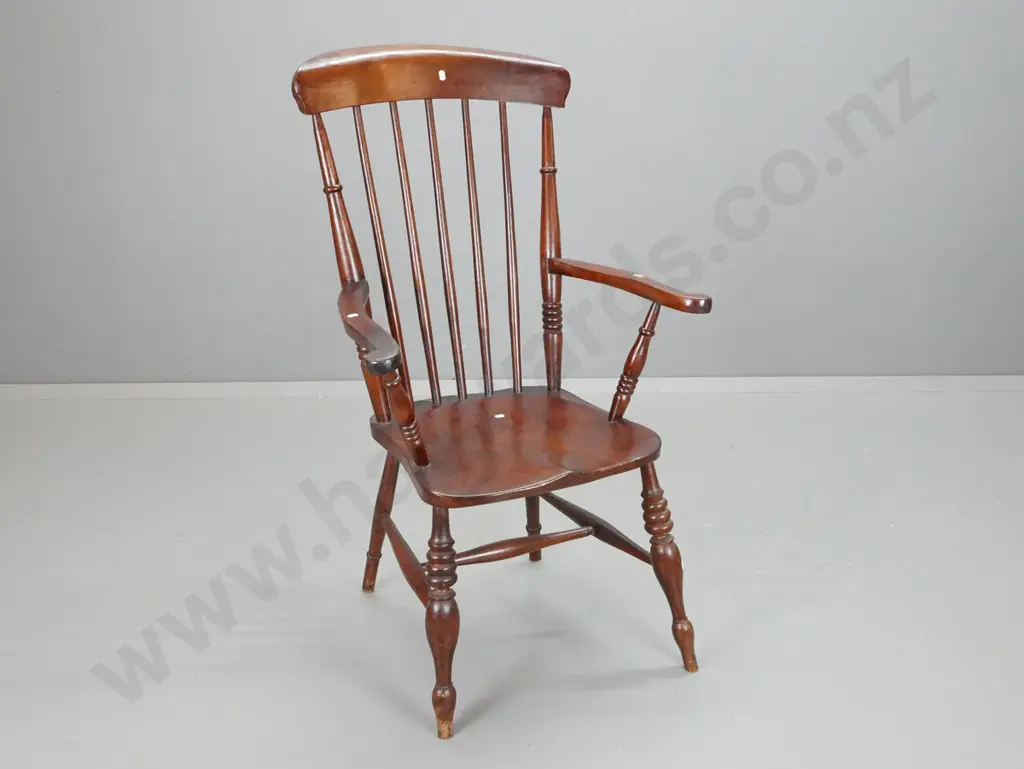 antique High Wycome spindle back Windsor chair - beech with figured elm shaped seat. Turned legs and stretcher base, Image 1++