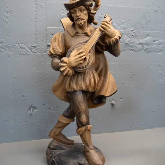 large carved timber figure - antique style musician with lute or mandolin H-780