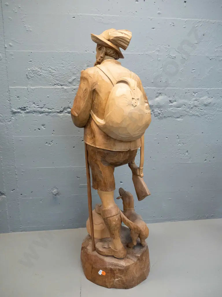 large carved timber figure - antique style hunting man with dog - break to gun barrel with repair H-810 Image 1++
