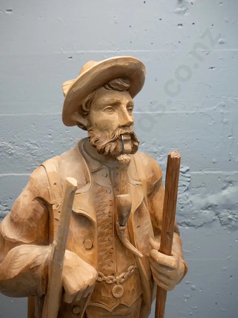large carved timber figure - antique style hunting man with dog - break to gun barrel with repair H-810 Image 1++