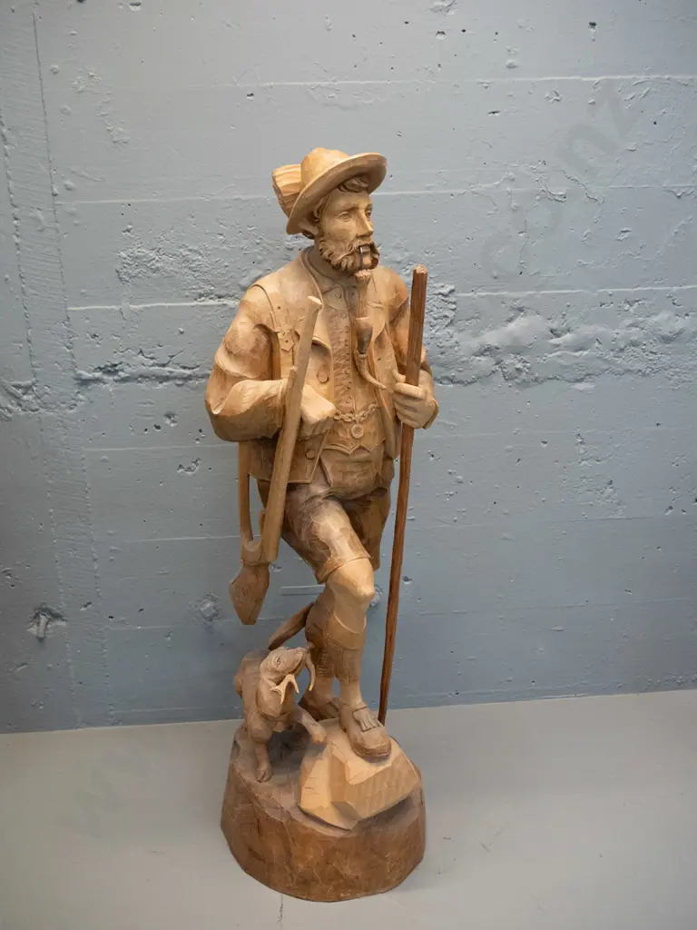 large carved timber figure - antique style hunting man with dog - break to gun barrel with repair H-810 Image 1++