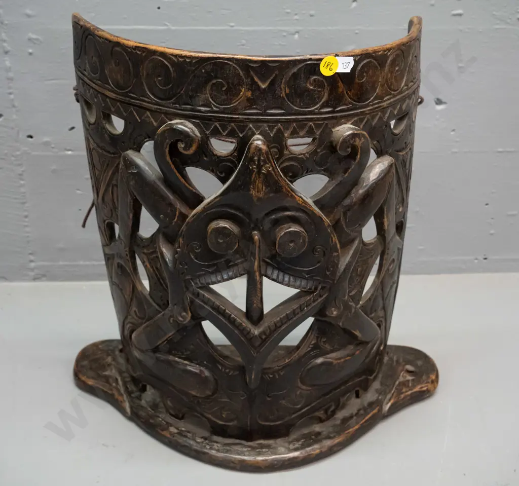 antique hand carved timber Kalmanton Dayak tribe baby carrier ,with hanging string added, some rubbing to polish Image 1++