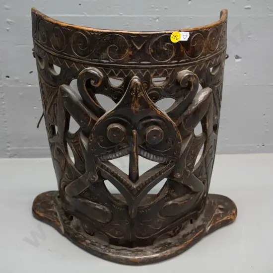 antique hand carved timber Kalmanton Dayak tribe baby carrier ,with hanging string added, some rubbing to polish