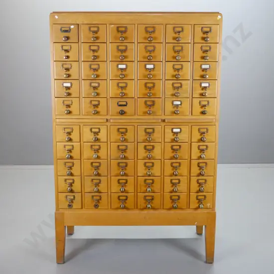 vintage large oak library index card cabinet - 60 drawers with brass knobs and metal label holder handles, 3 pull-out