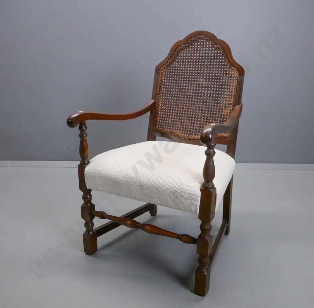 vintage beech open arm side chair with shaped woven cane back, ivory upholstered seat, on turned stretcher base, some Image 1++