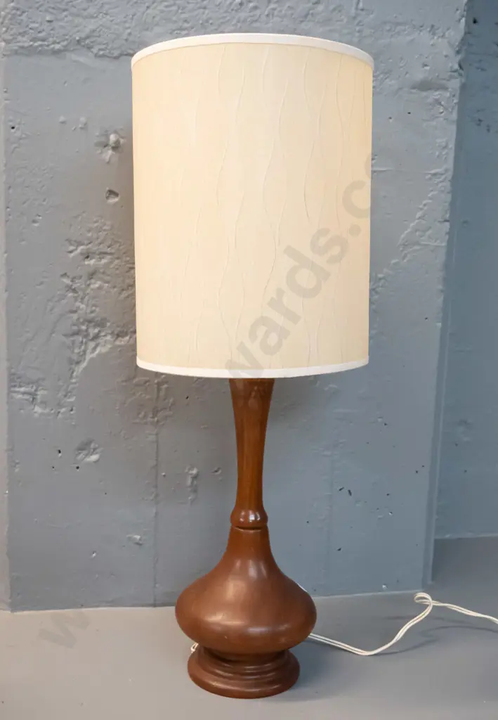 mid century turned timber table lamp with cream patterned shade - some marks to shade H-550 Shade D-205 Image 1++