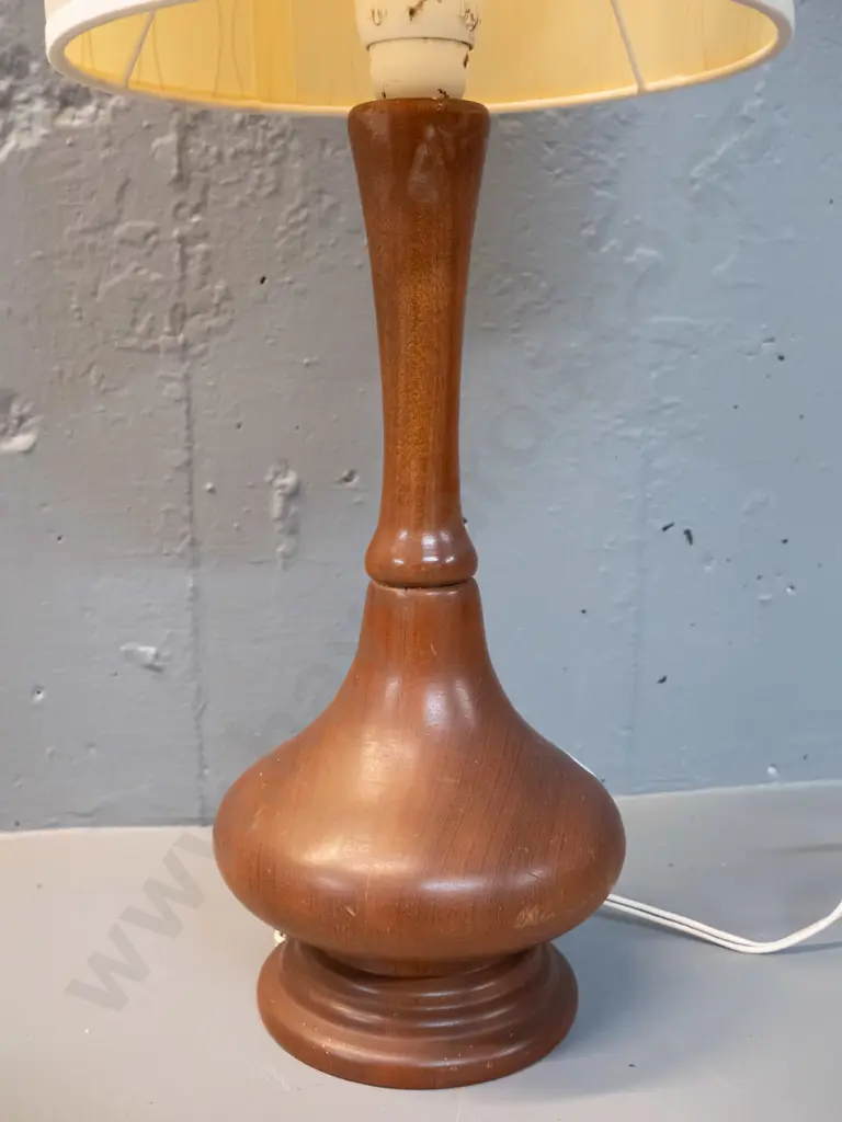 mid century turned timber table lamp with cream patterned shade - some marks to shade H-550 Shade D-205 Image 1++