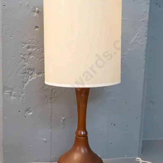 mid century turned timber table lamp with cream patterned shade - some marks to shade H-550 Shade D-205