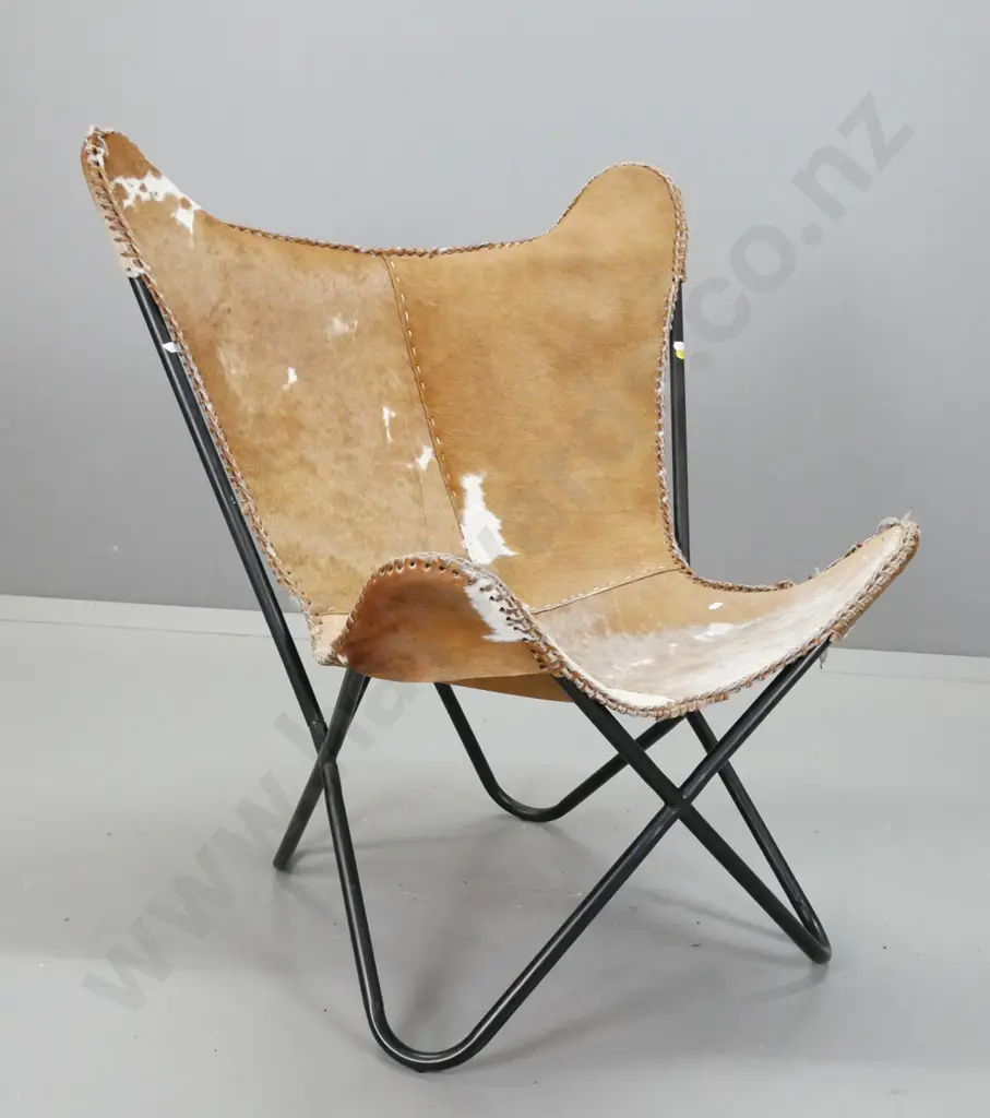 slung cow hide chair on tubular metal x-frame with "Luca" label - leather lacing around edge is fraying & coming apart Image 1++