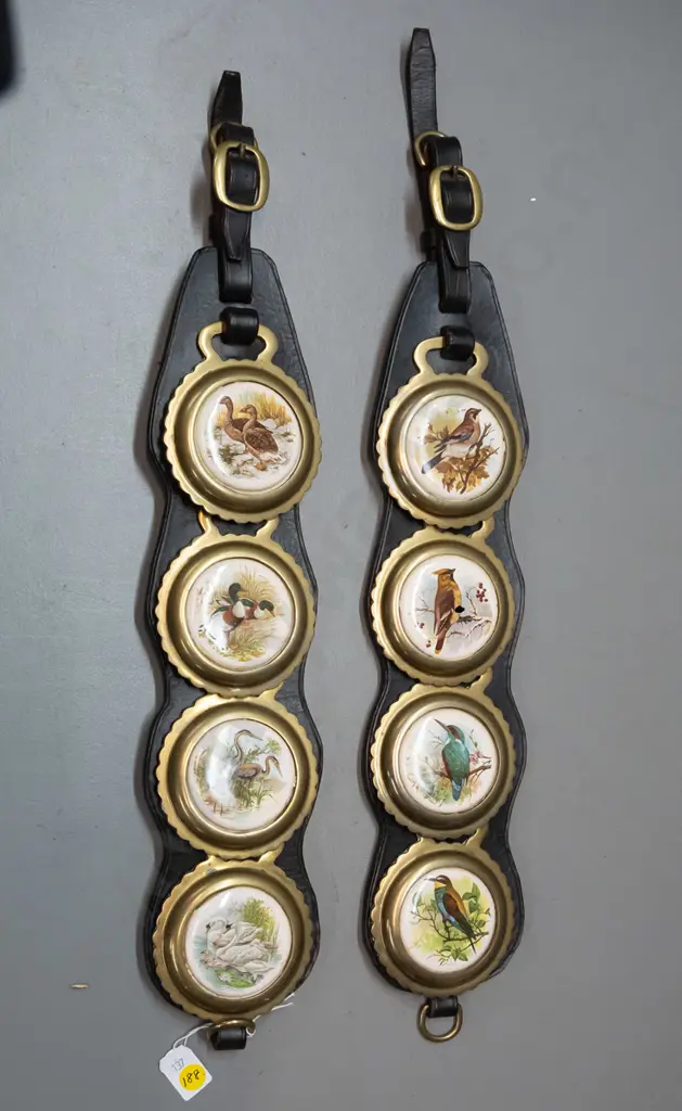 2 sets of Seymour Saddlery England,4 bird themed porcelain & brass horse brasses on heavy leather straps - Image 1++