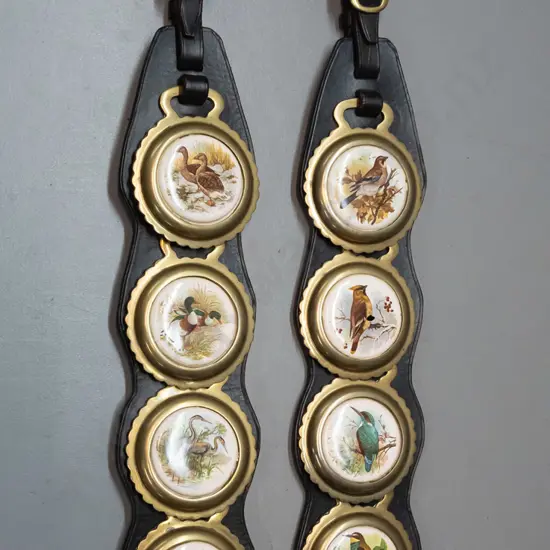 2 sets of Seymour Saddlery England,4 bird themed porcelain & brass horse brasses on heavy leather straps -