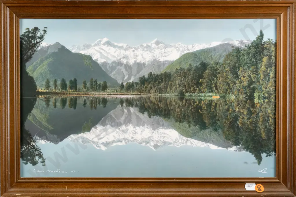 framed Whites Aviation hand coloured photograph  "Lake Matheson" H-245 W-395 Image 1++